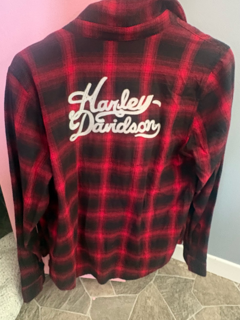 Harley-Davidson Red and Black Plaid Flannel Shirt with White Script Logo